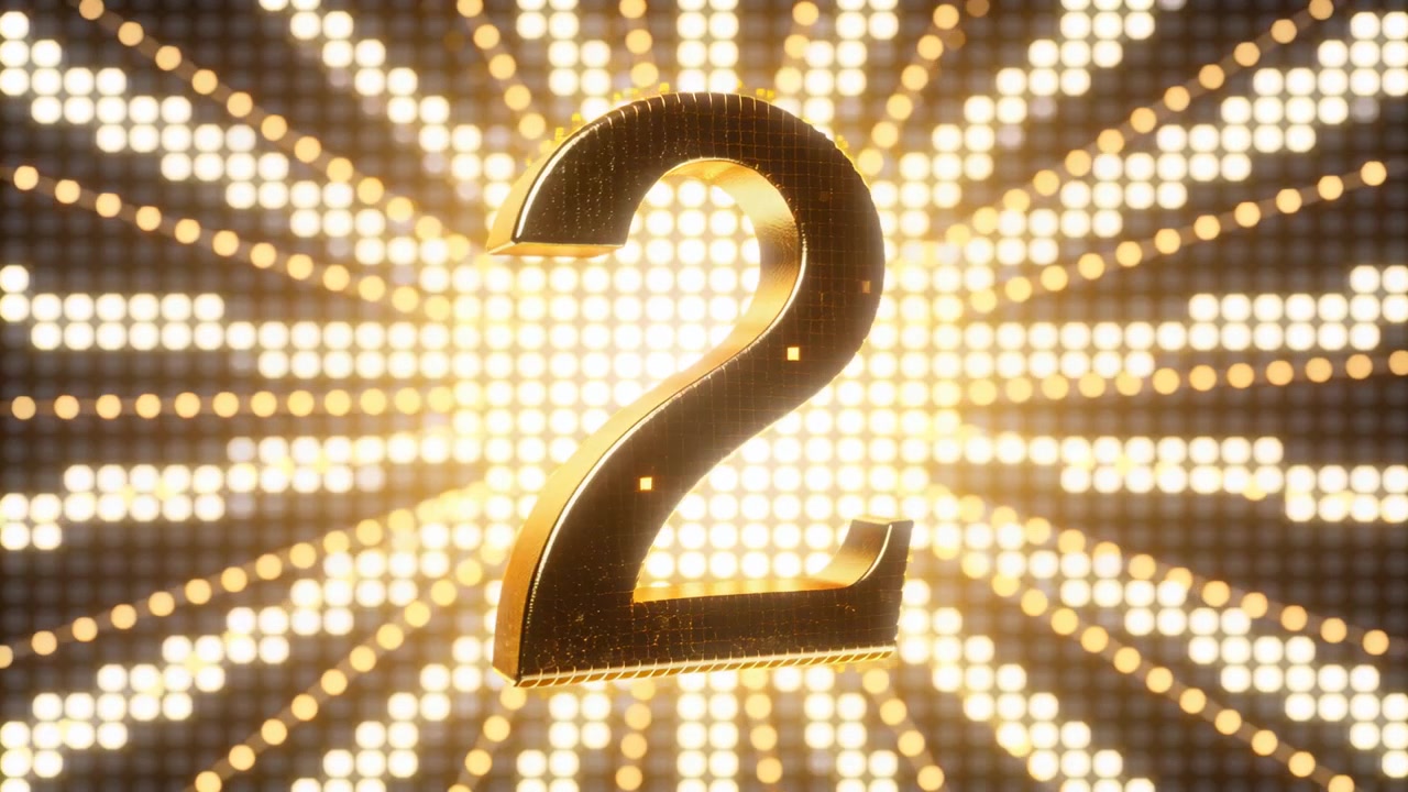 Rotating polished golden omega becoming numeral 2 in digital studio, LED pulse initiating rotation