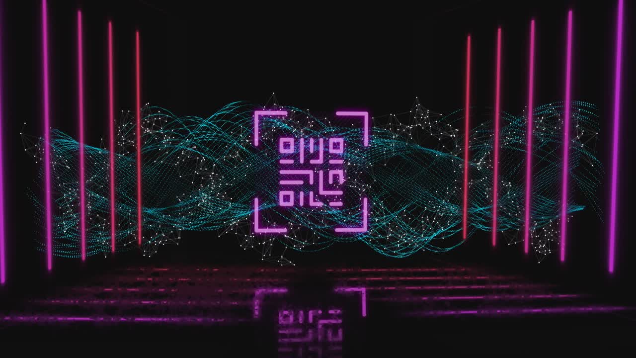 QR code scanner with neon elements against digital wave
