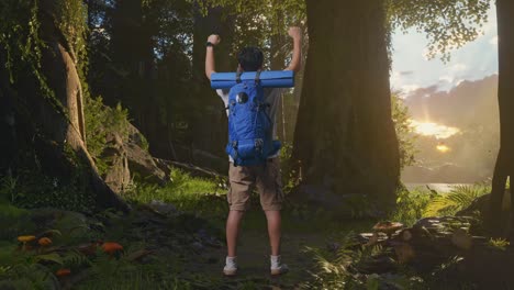 happy hiker in a lush forest