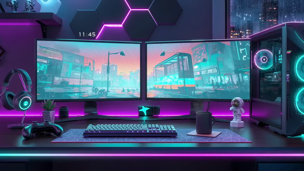 Futuristic gaming setup with neon lights, dual monitors. Eye-level angle, perfect for video content