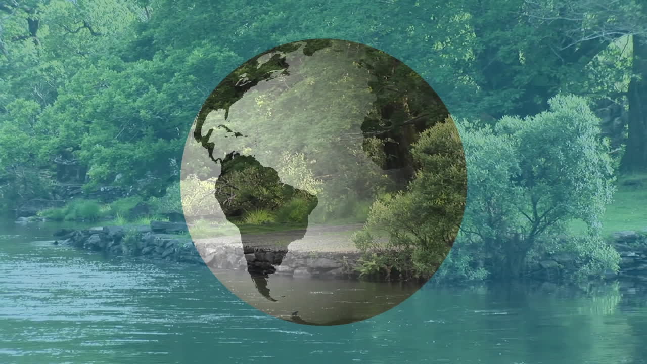 Translucent globe floating over riverside forest, showing Africa and Europe, reflecting calm water