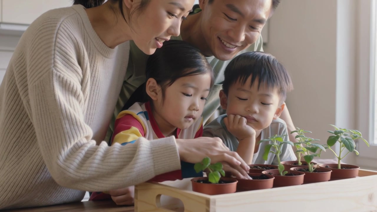 自宅のテーブルで、母親が子供たちに最初の鉢への植え付け手順を見せている。傍らには苗のトレイがある。