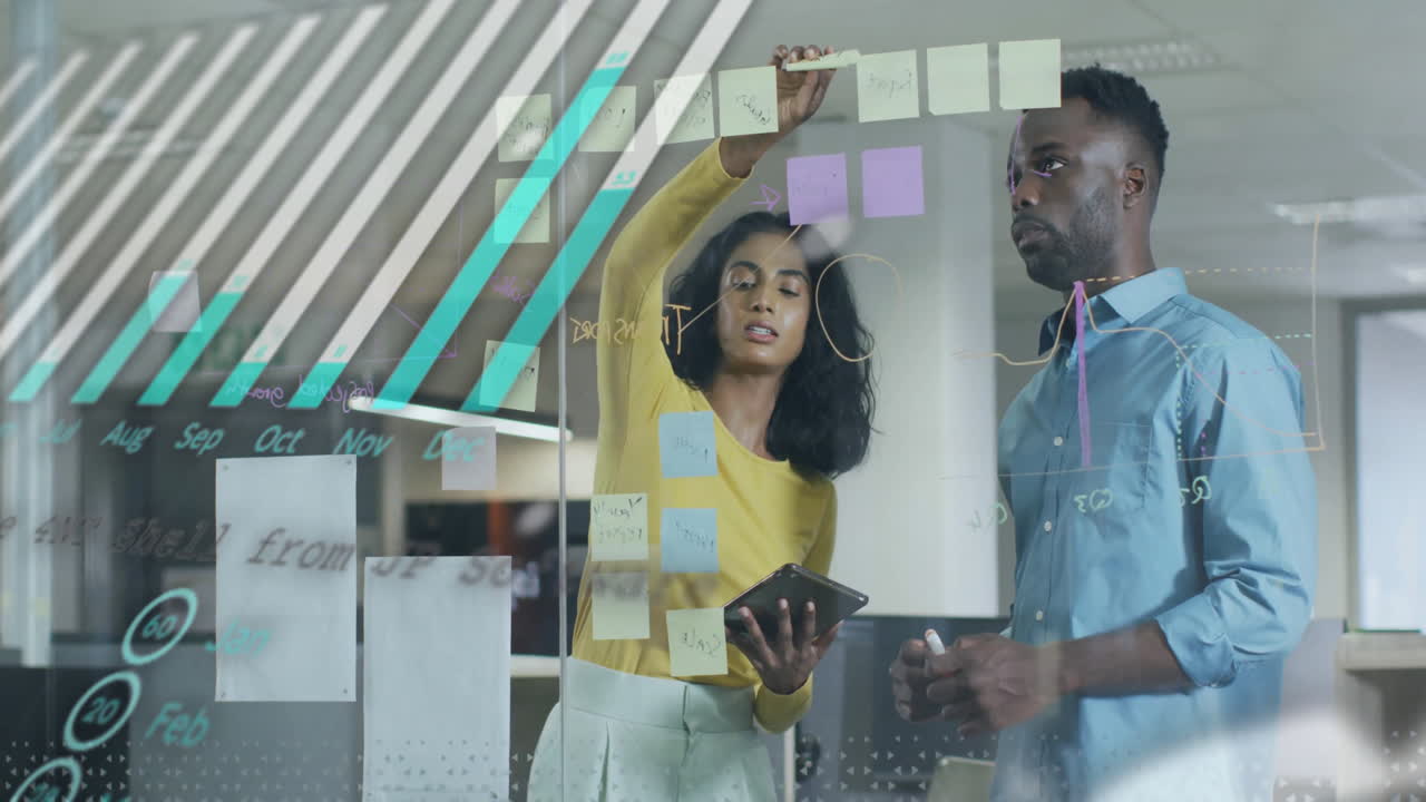 Animation of financial data processing over diverse business people in office