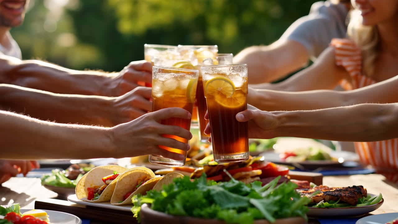 Amici all'aperto che brindano con tè freddo attorno a un tavolo di legno pieno di tacos, insalata fresca e carne alla griglia