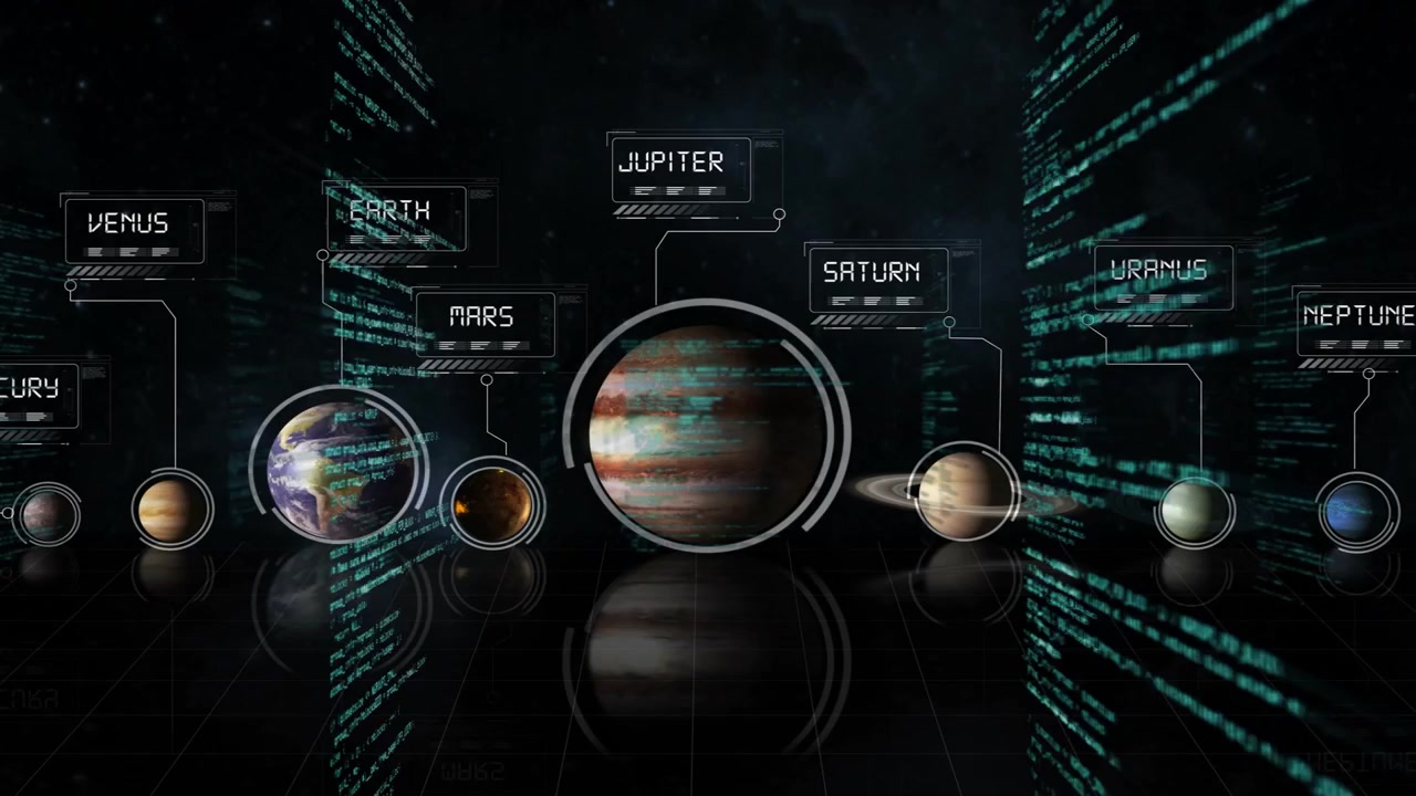 Code panels starting shift, planets reflecting grid, rings marking Jupiter for labeling