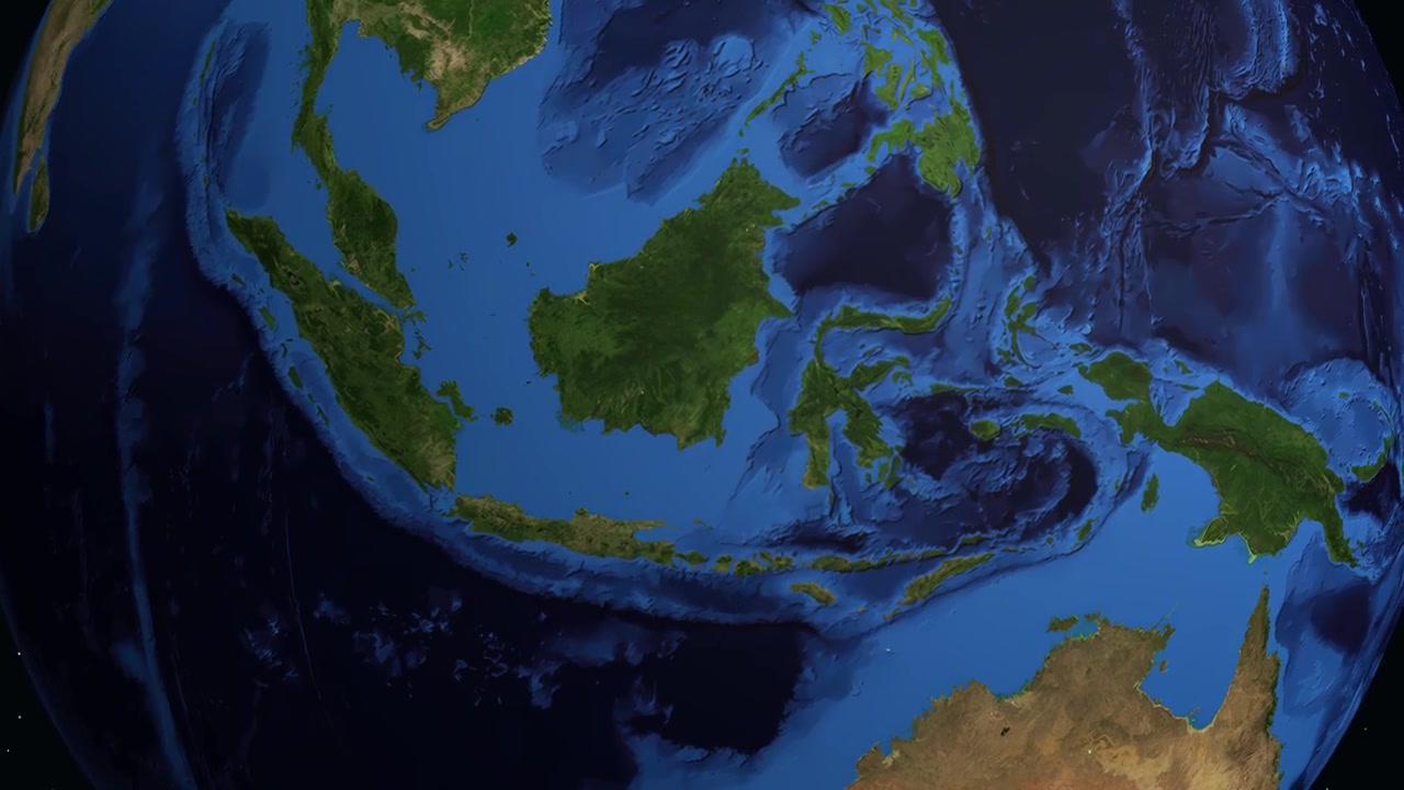 Globo digitale che ruota e zooma su Palangka Raya, Indonesia, con sovrapposizione di dati e indicatore di posizione.