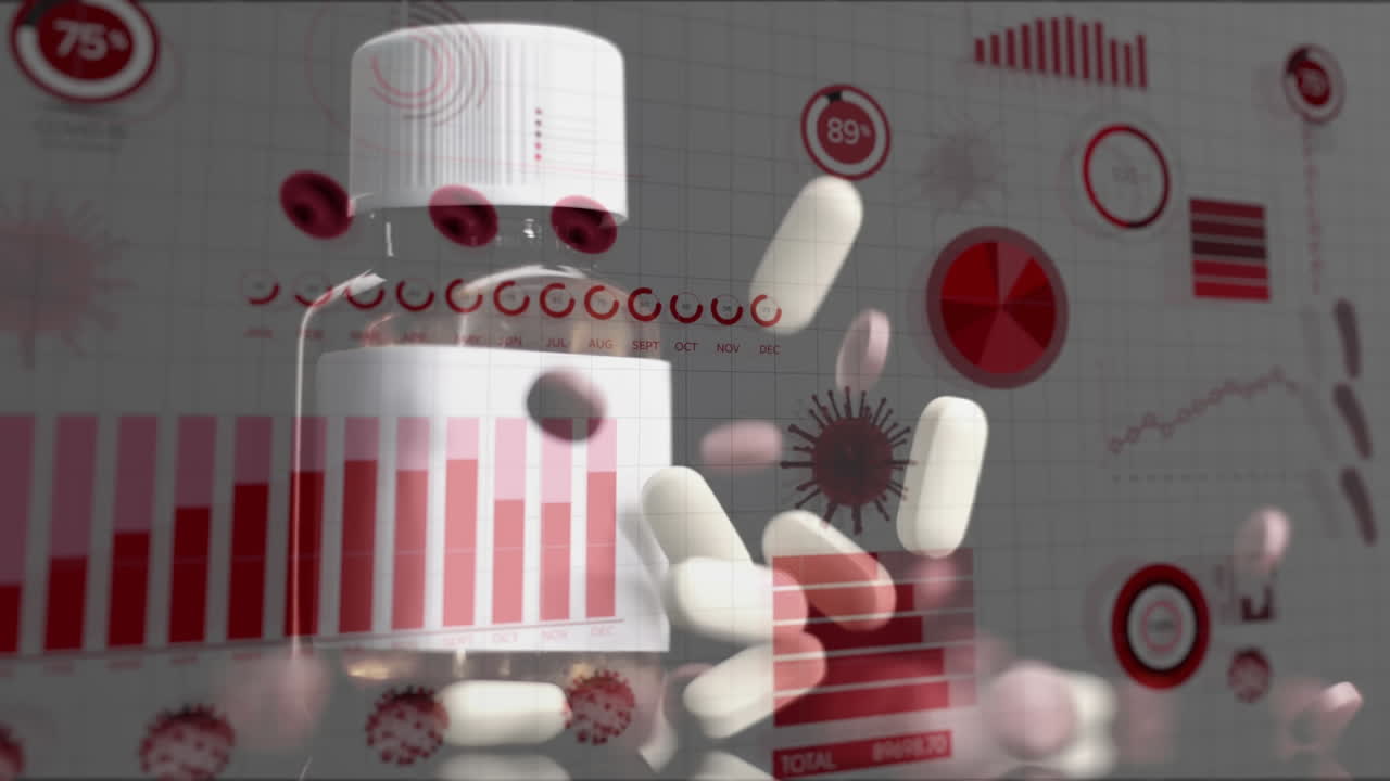 백색 표면에 떨어지는 알약에 대한 코로나바이러스 디지털 인터페이스