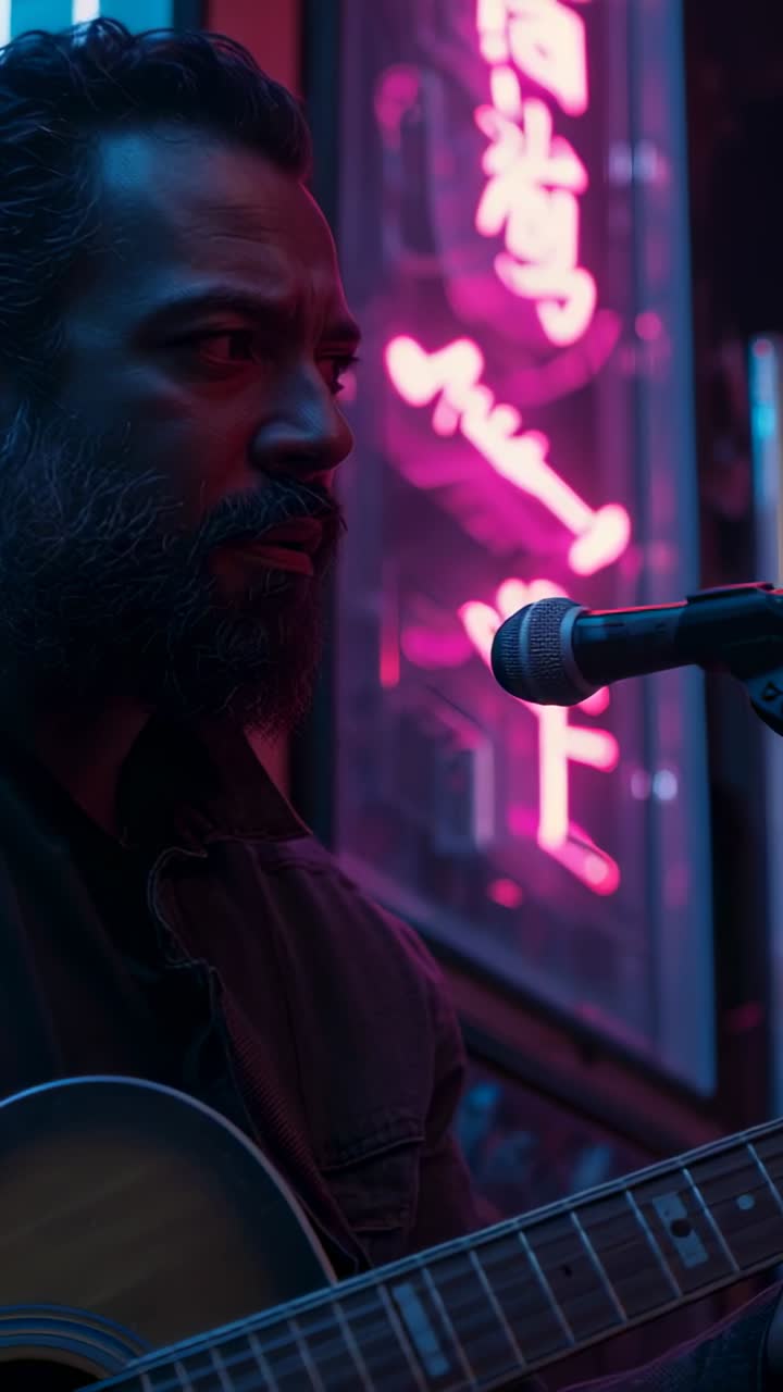 Vertical video: Placing hand on guitar musician strumming chords and singing to mic under neon sign