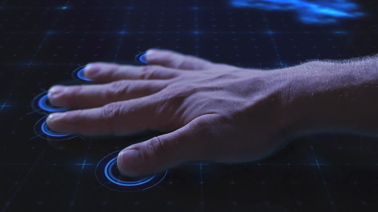 Animation of man's hand touching interactive screen reading fingerprints and data processing