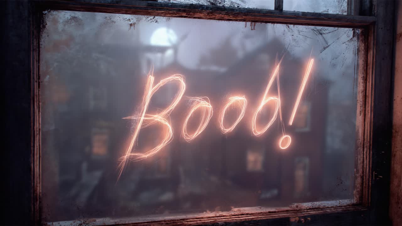Glowing word Boob. being written with a finger on a dusty and foggy window with a view of a spooky, old, haunted house and a full moon in the background, perfect for halloween