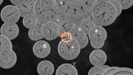 animación de sistemas solares, planetas y espacio sobre relojes que tiquetean