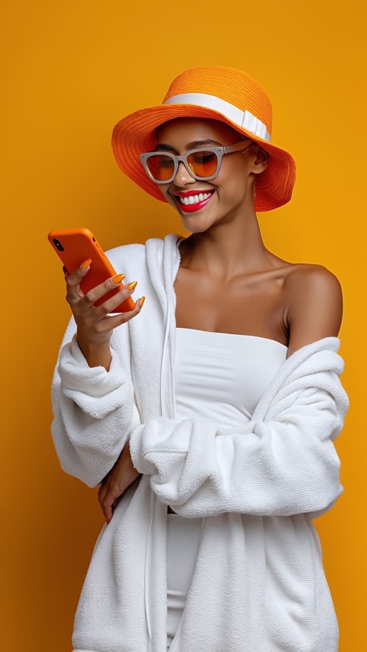 Donna elegante con cappello arancione che tiene in mano uno smartphone ed esprime sorpresa su sfondo luminoso