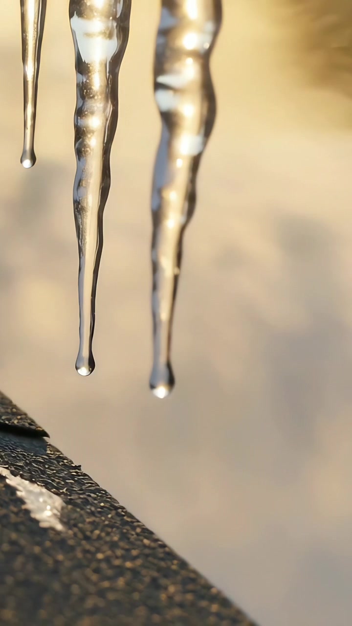 Vertical video: Low sun melting three icicles, forming droplets and dropping from roof shingles