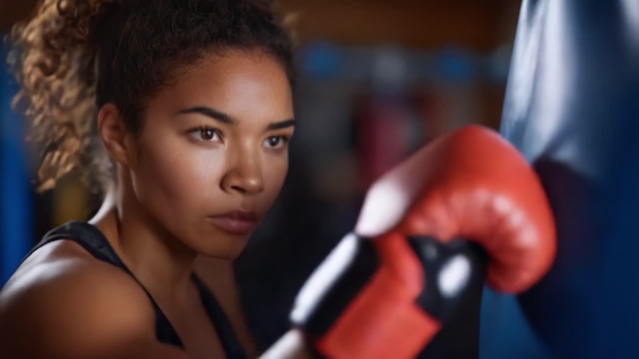 Boxer concentrata che si prepara per un incontro allenandosi con un sacco pesante in palestra, catturando l'intensità del suo allenamento e della sua mentalità