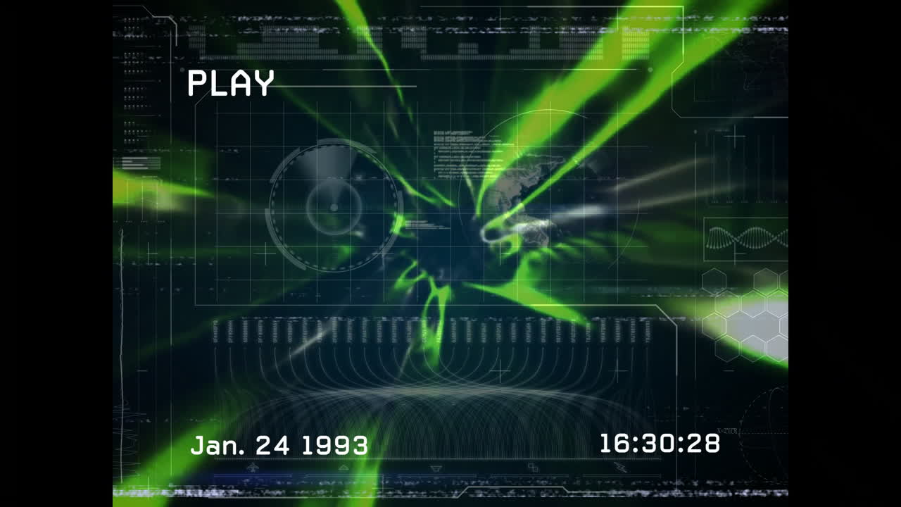 Animation of futuristic digital interface with green wave patterns in school setting