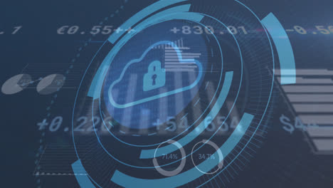 animation of cloud icon and security padlock icon over statistical and stock market data processing