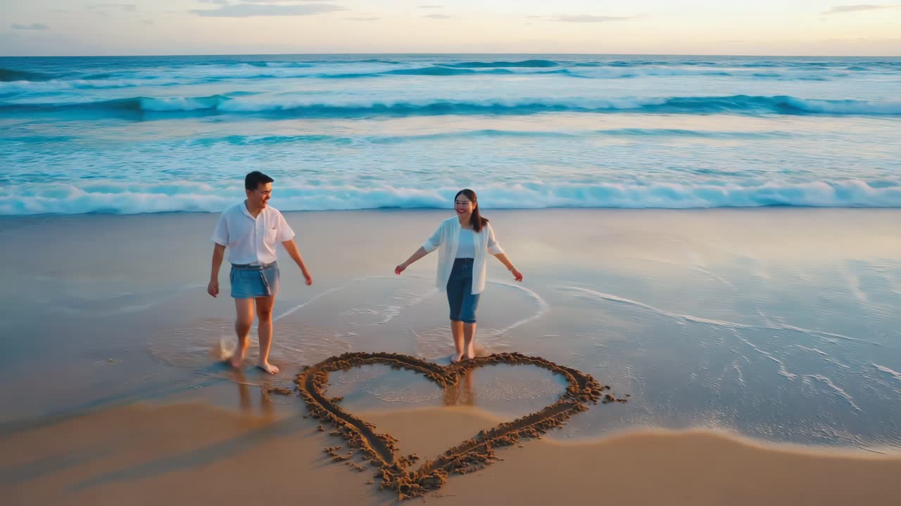Couple drawing a heart in the sand on a beach