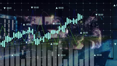 Animation-of-statistical-data-processing-and-nft-text-banner-against-time-lapse-of-city-traffic