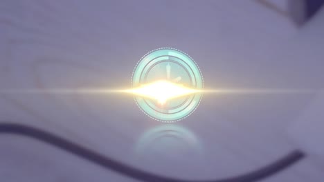 animation of rotating scope scanning with clock over light trail on blurred background