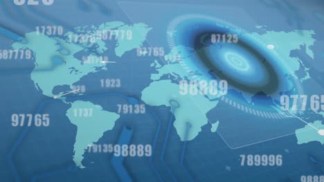 Animation-of-numbers-changing-and-scope-scanning-over-world-map-on-blue-background