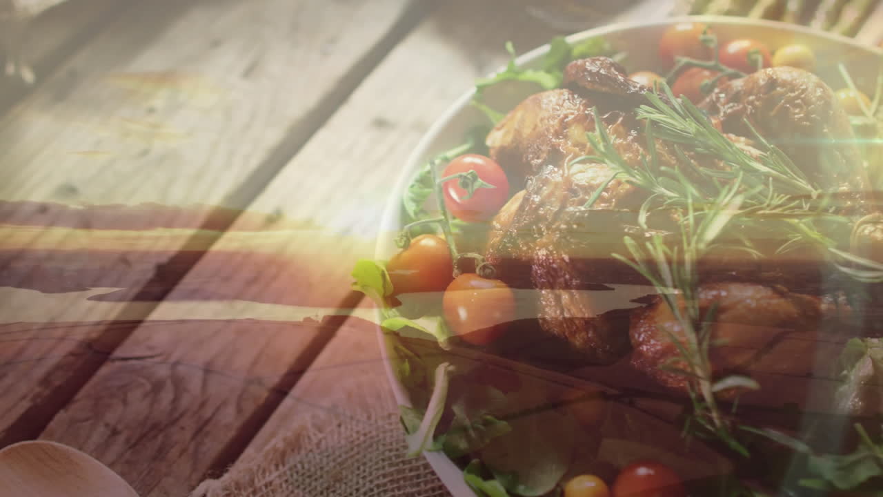 나무 바탕에 음식이 있는 접시 위의 풍경의 애니메이션