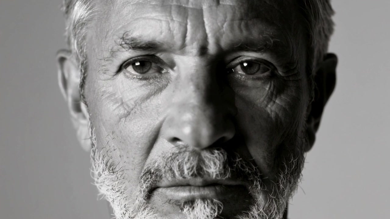 Primi fotogrammi che mostrano il volto di un uomo anziano che sbatte le palpebre, con lo sguardo che si sposta per uno scatto di ritratto, sfondo grigio.