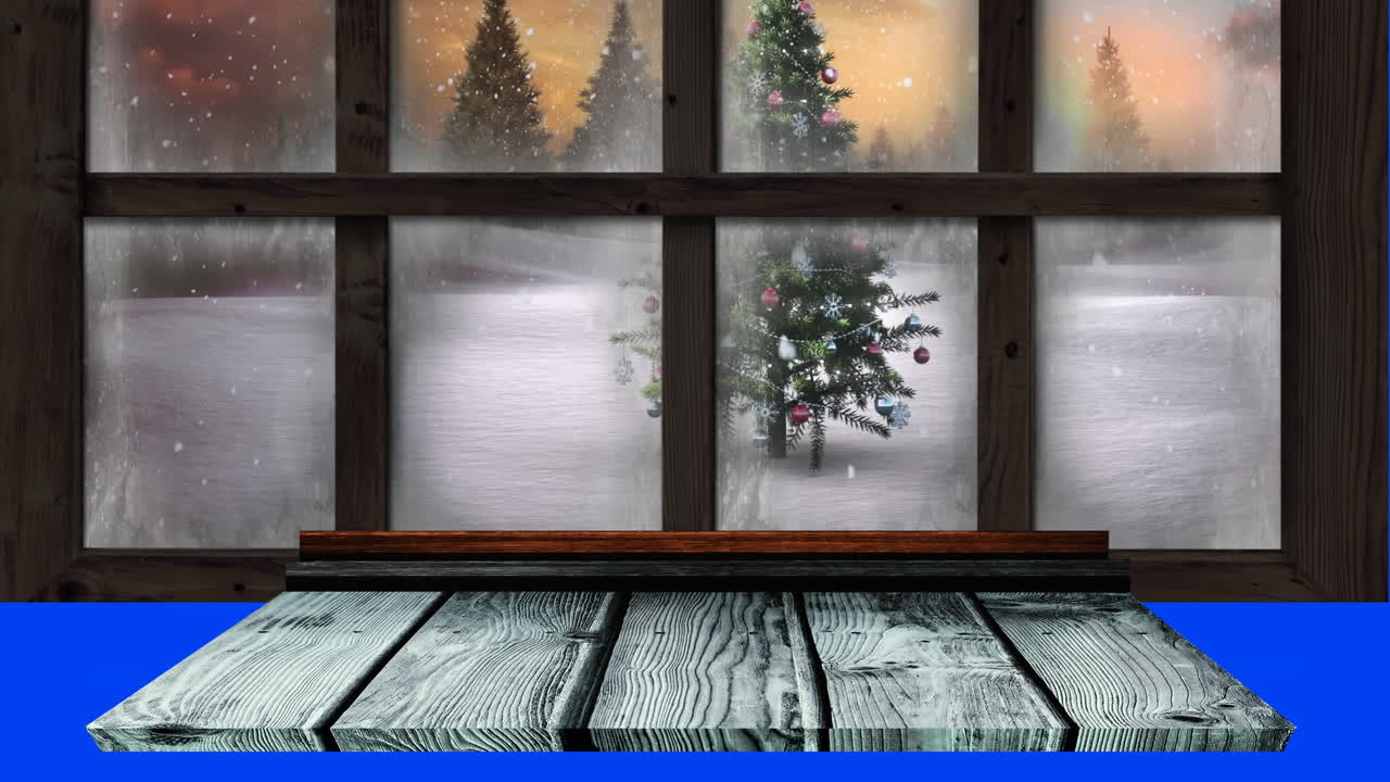 Animation of ho ho ho text banner over view of snow falling over christmas tree from window frame
