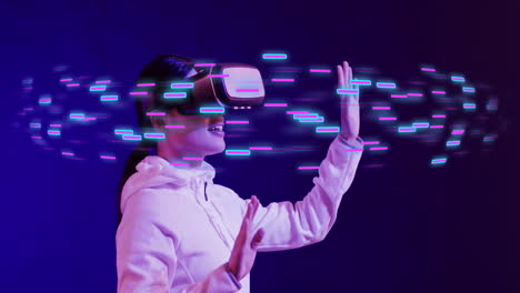 Animation-of-glowing-light-trails-of-data-transfer-and-asian-woman-in-vr-headset