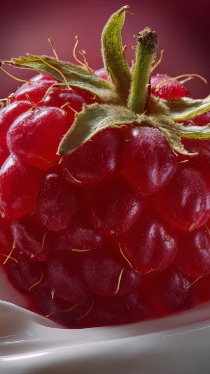 Close-up of a fresh, ripe raspberry showcasing its vibrant color, unique texture, and natural details highlighted against a soft blurred background