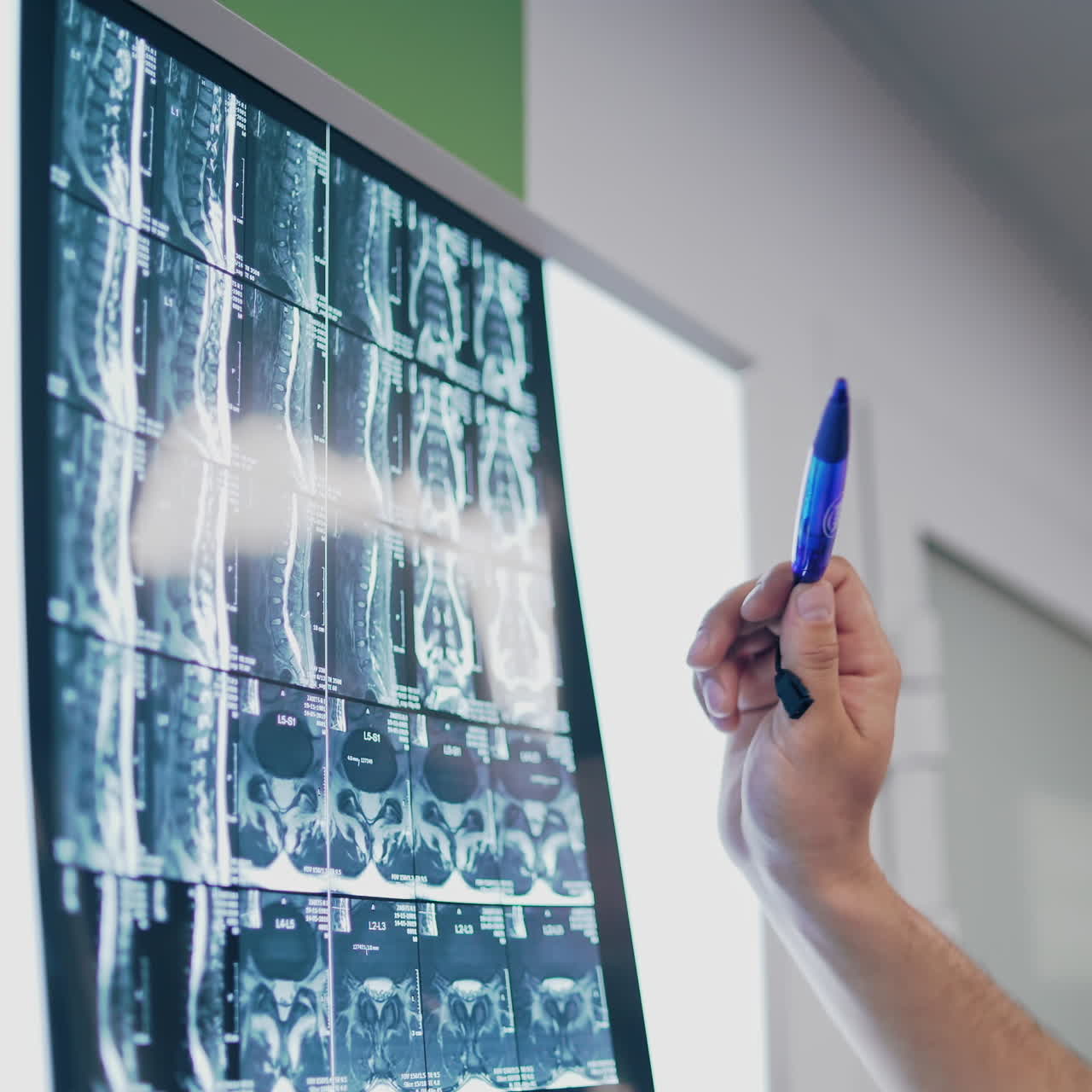 Close-up male's hand with a pen showing small pictures of x-ray. Medical research. Doctor analyzes results of a magnetic tomography in the hospital.