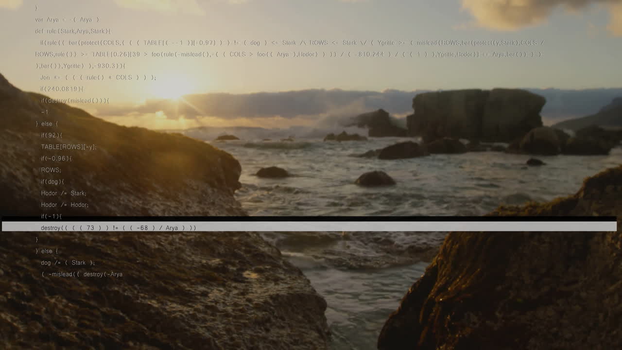 Computer code overlaying scene with ocean waves crashing against rocks in animation