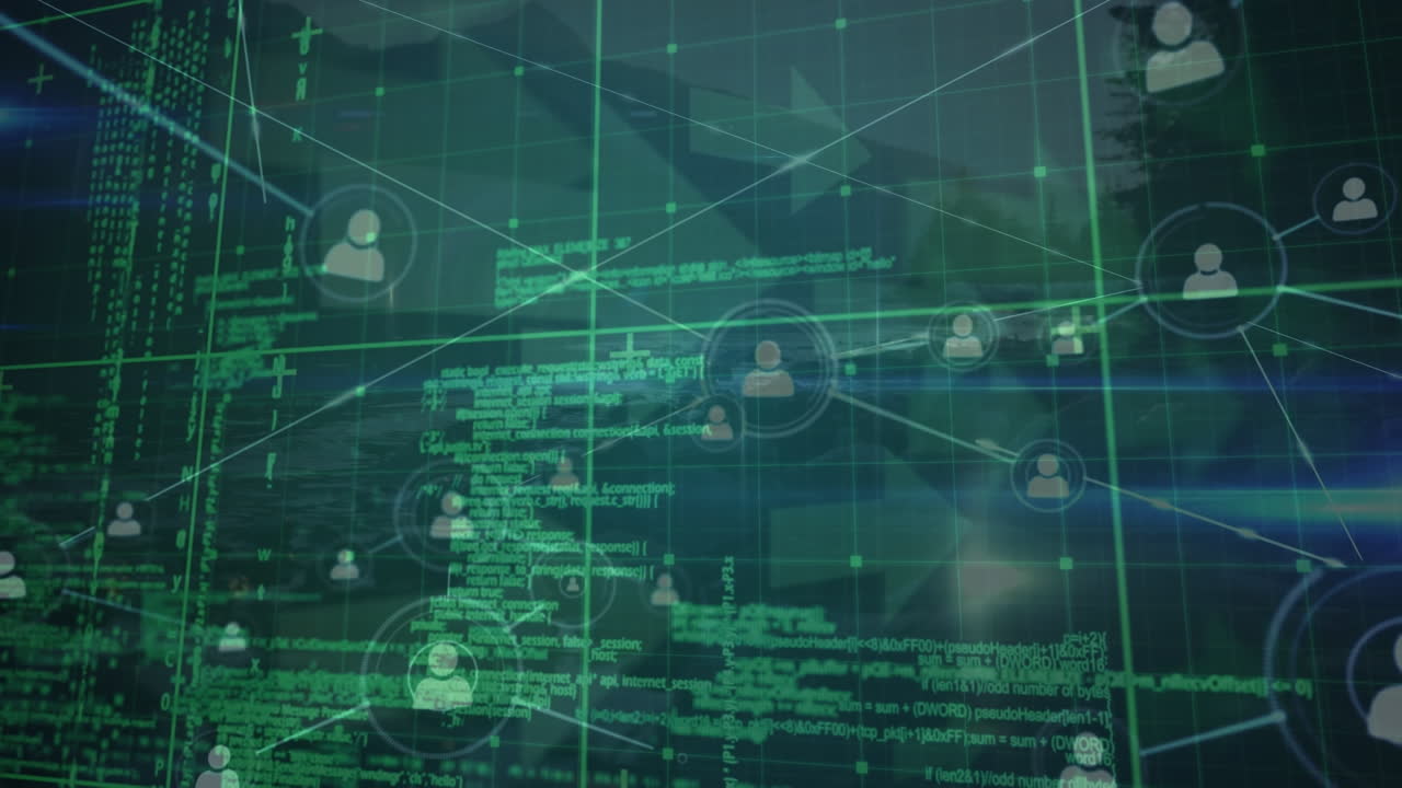 animación de la red de conexiones con iconos y procesamiento de datos sobre el paisaje