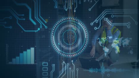 animación de escaneo de alcance y placa de circuito de computadora sobre él técnico por servidores de computadora