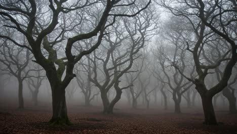 eerie misty forest: twisted trees enveloped in fog create an atmosphere of mystery and intrigue in this hauntingly beautiful landscape scene