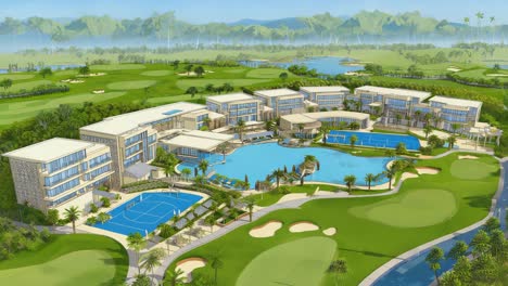 Aerial View of a Luxury Golf Resort with Pools and Tennis Courts
