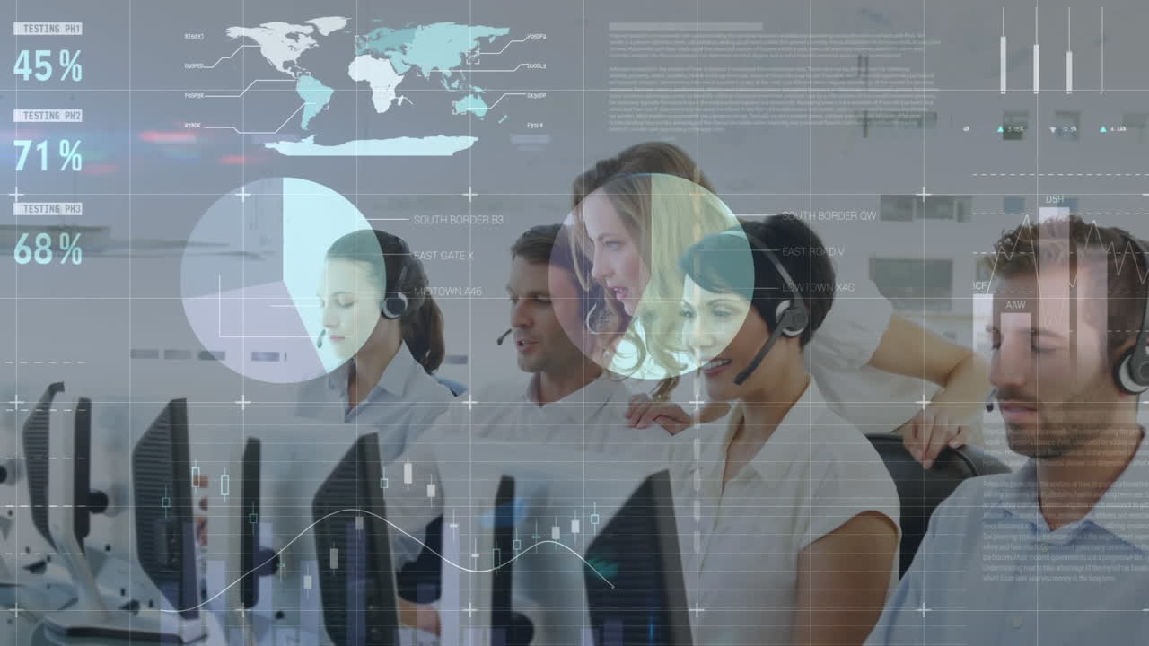 animación del procesamiento de datos estadísticos sobre una supervisor femenina que entrena a sus colegas en la oficina