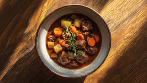 hearty beef stew with tender vegetables on rustic wooden table