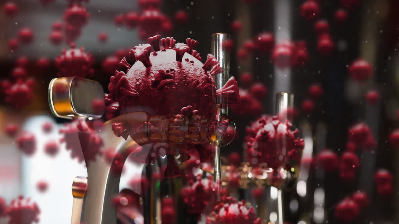 빈 바 위에 떠다니는 코로나19 세포의 애니메이션