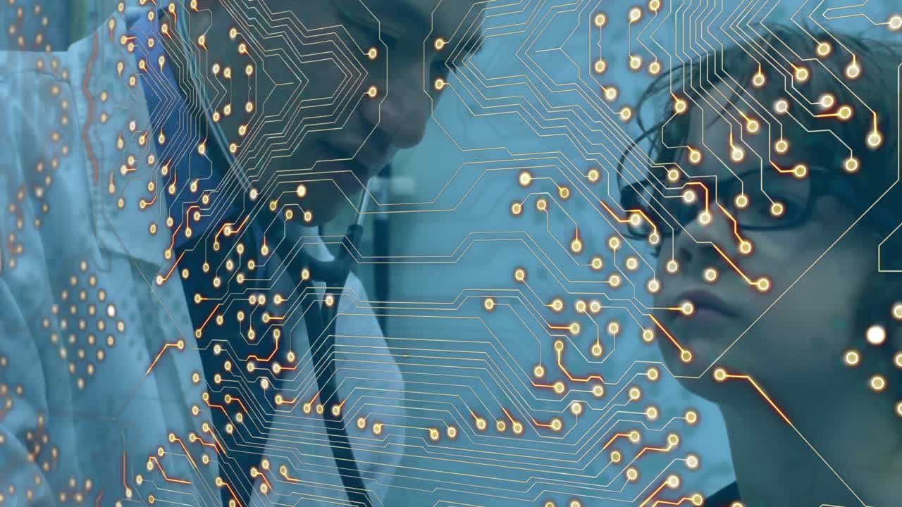 conexiones de microprocesador contra médico masculino asiático examinando niño caucásico en el hospital