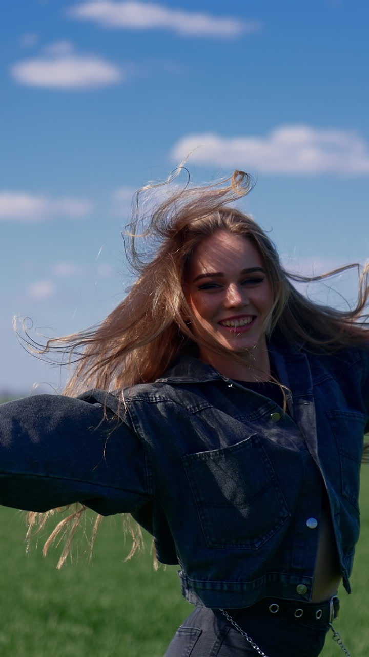 Beauty girl outdoors enjoying nature. Happy girl enjoying the freedom and happiness on meadow. Vertical video