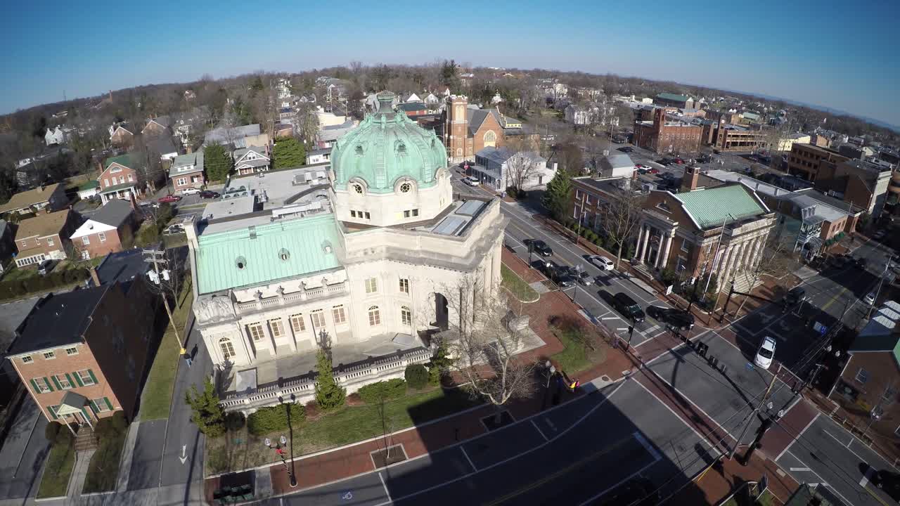 Aerial view of a city with prominent buildings