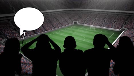 animación de la silueta de los aficionados al deporte con burbujas de habla en el fondo del estadio deportivo