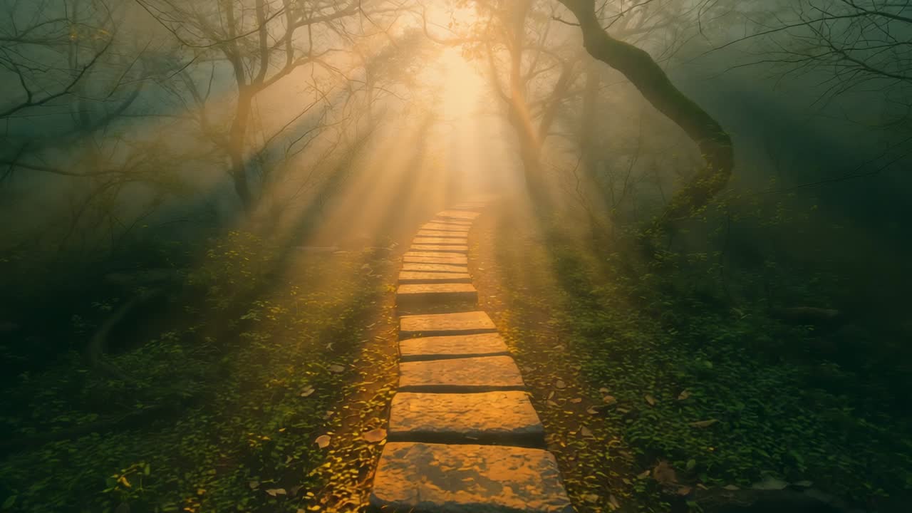 Sun rising, sunlight intensifying, bathing stone stepping path in misty forest, camera advancing