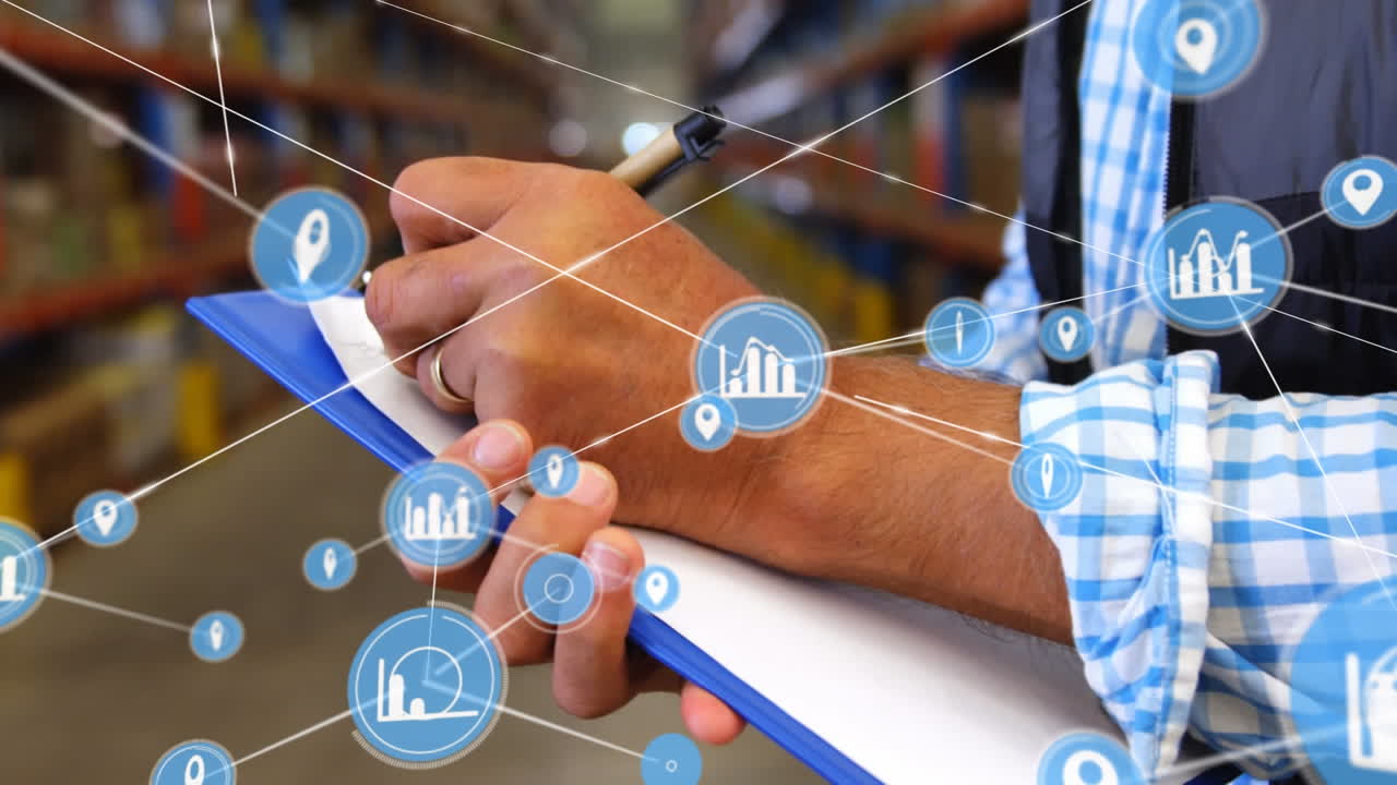 animación de la red de conexiones sobre el hombre escribiendo en el clipboard en el almacén