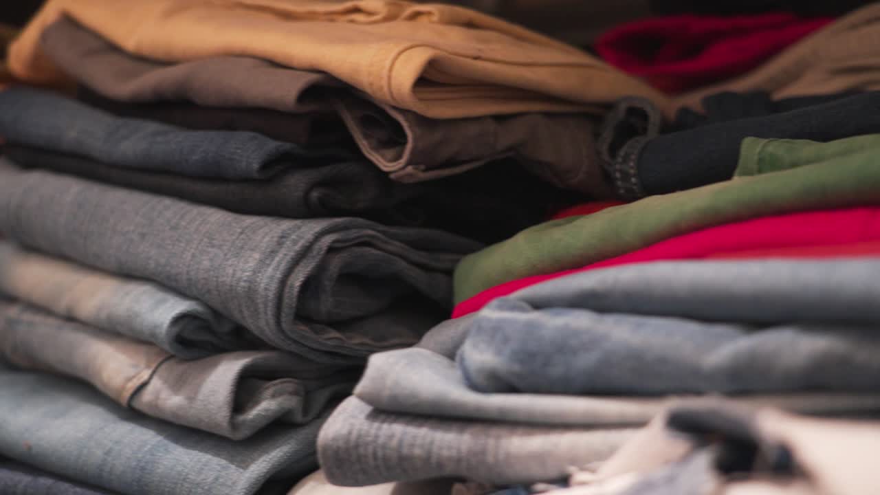 стек аккуратно сложенных джинсов и красочной одежды в магазине моды