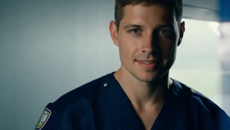 smiling male doctor wearing blue scrubs