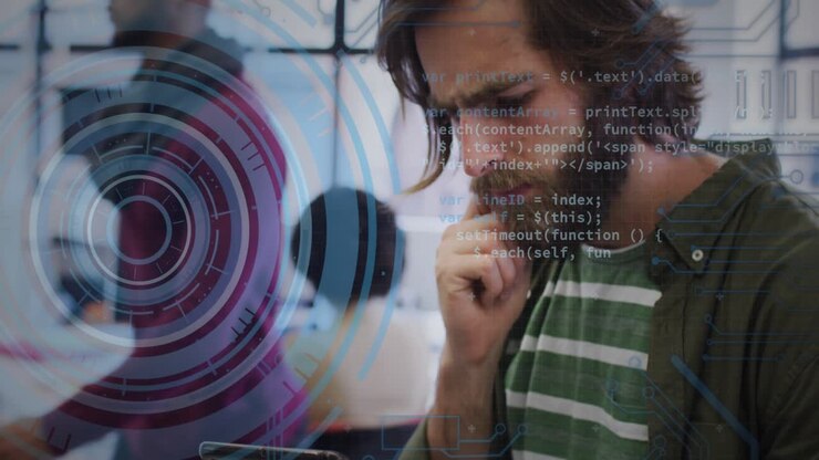 Man tapping and scrolling smartphone while analyzing code overlay in tech office solving problem