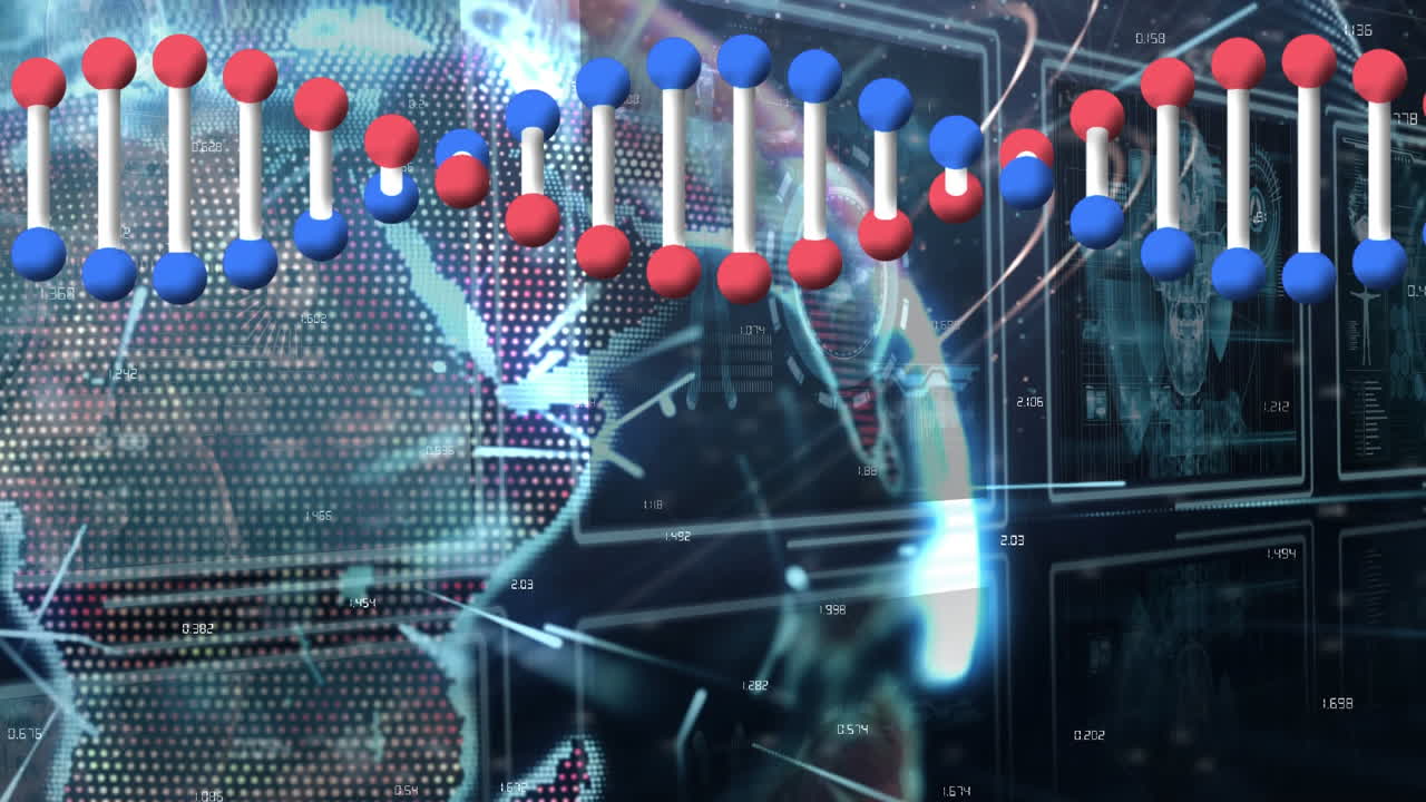 dna 사슬의 애니메이션이 회전하는 지구와 과학적 데이터로 화면에 있습니다.