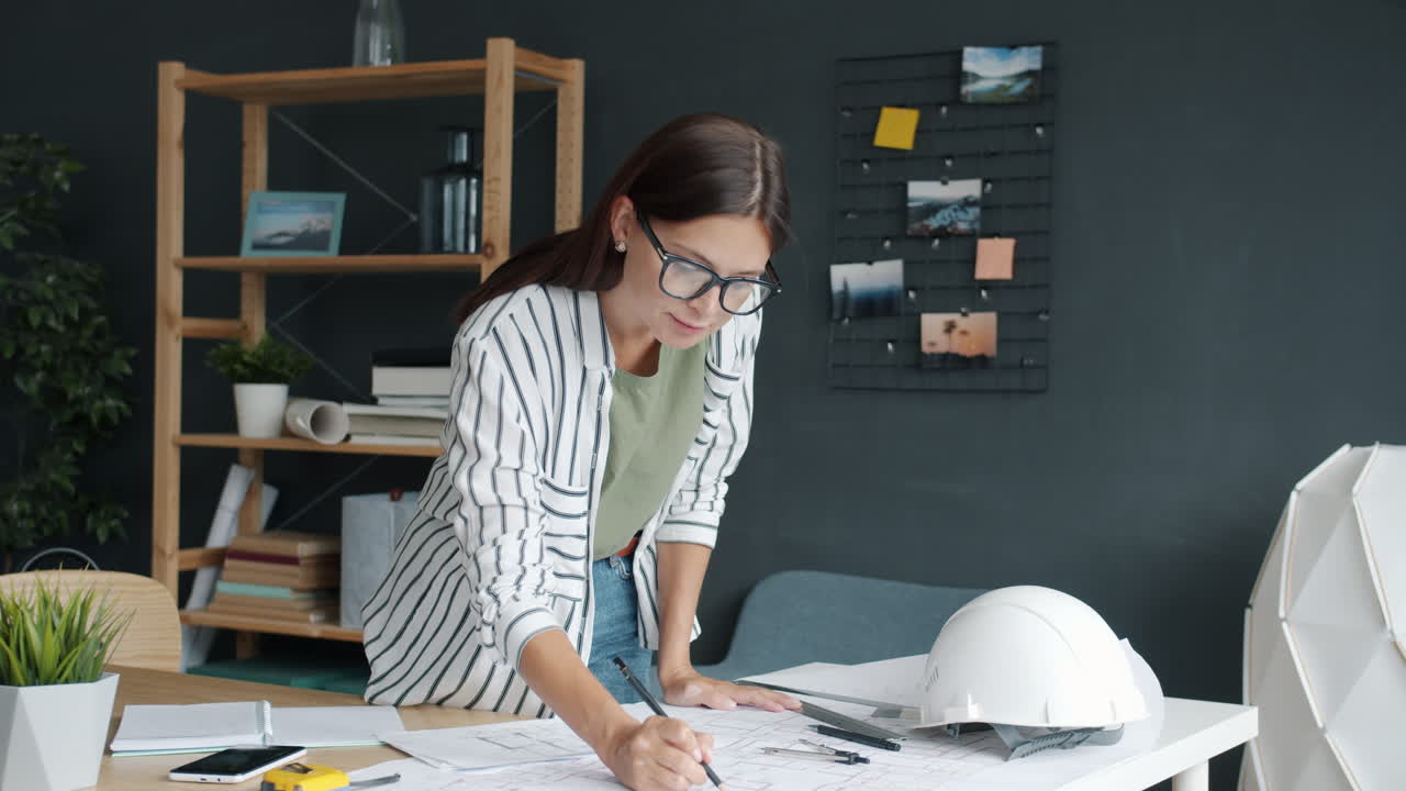 Female Architect Working on Blueprints