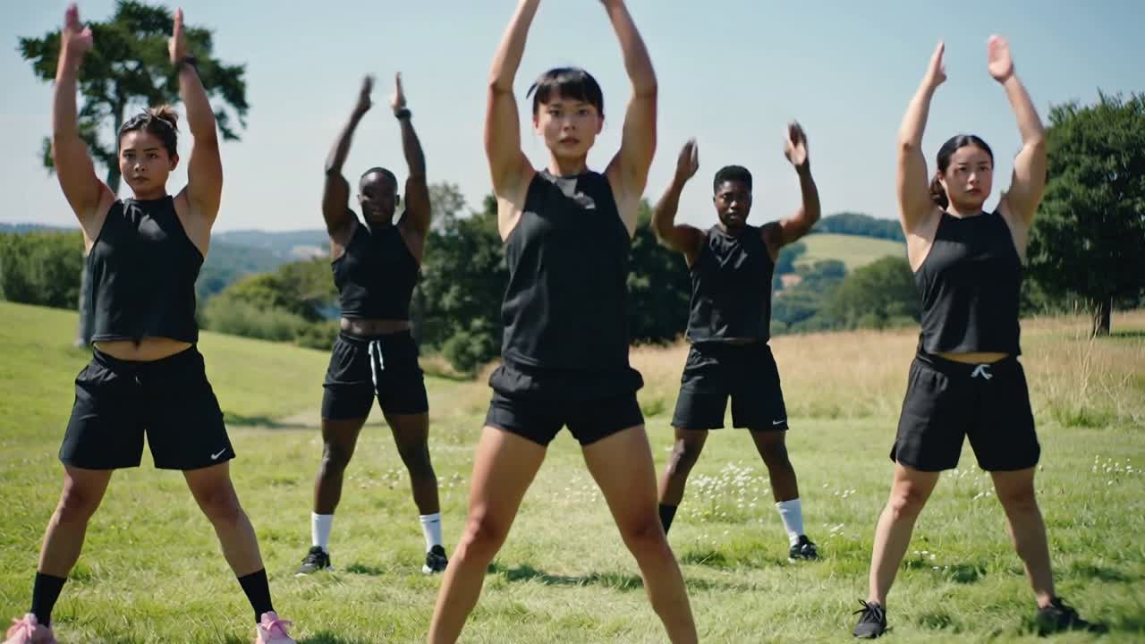 Un leader che avvia l'allenamento, un gruppo che esegue jumping jacks su un campo in erba, indossando pantaloncini neri e scarpe rosa.